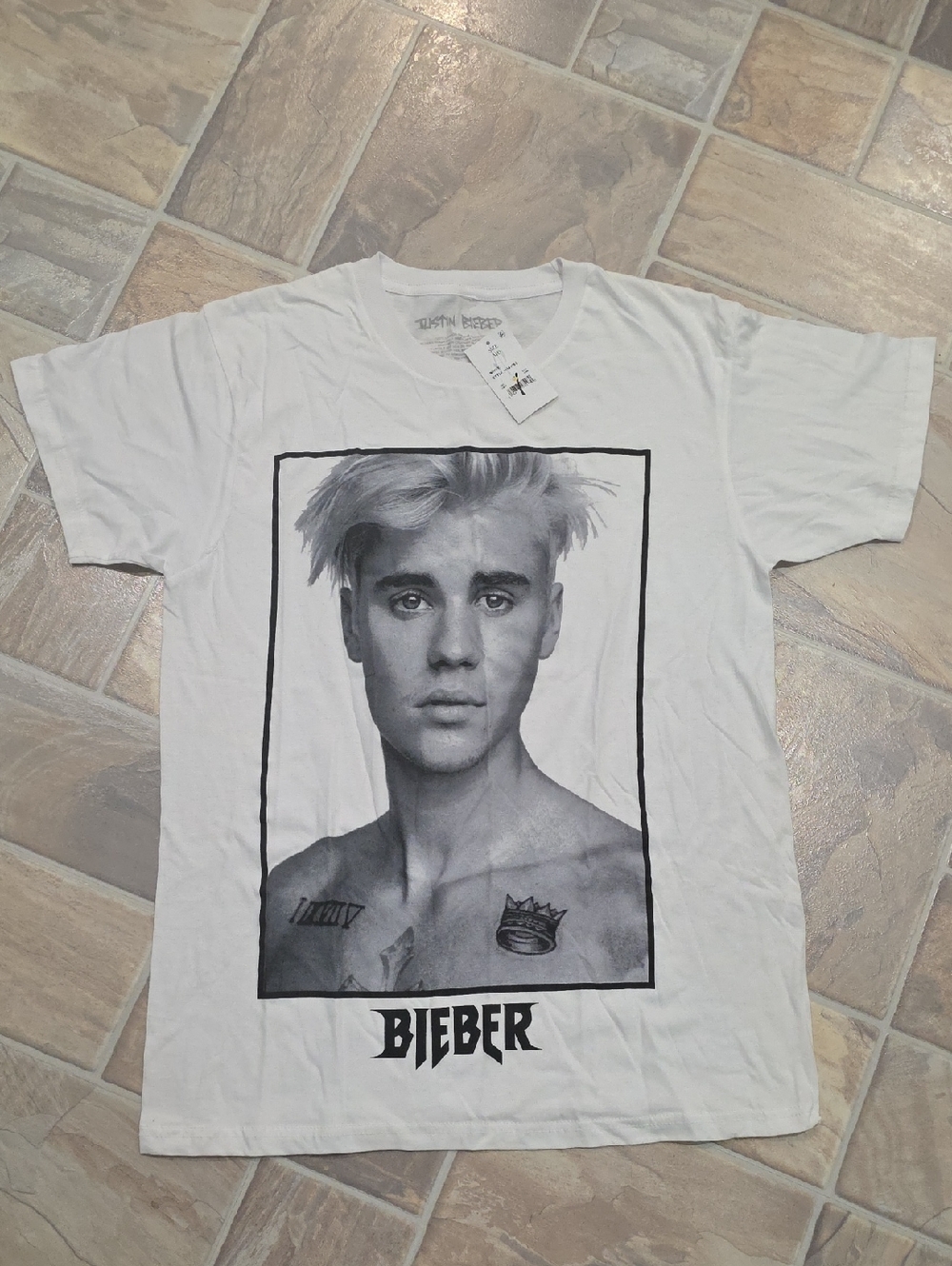 Justin Bieber White Short Sleeve Crewneck Tee with Monochrome Portrait